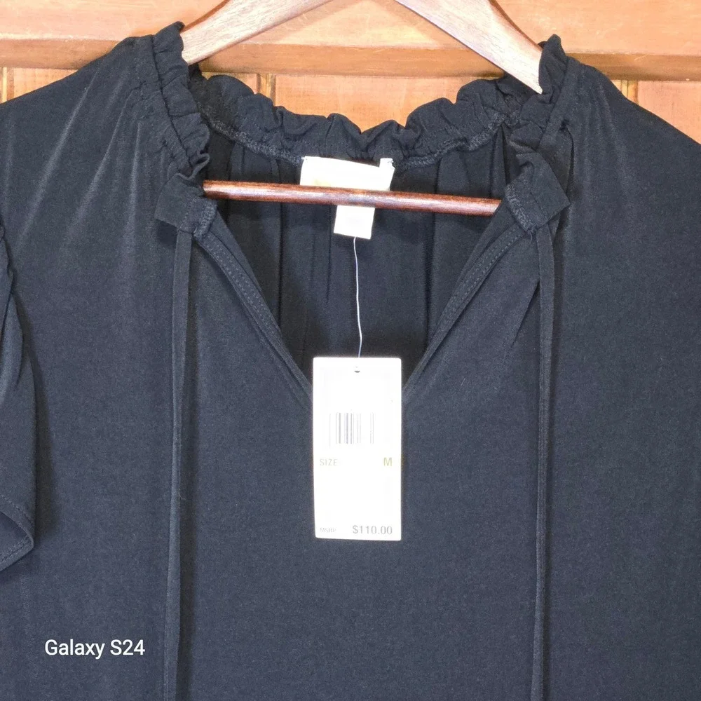 Michael Kors Black Flutter Sleeve Ruffle Tie Neck Shift Dress Size M‎ NEW $110